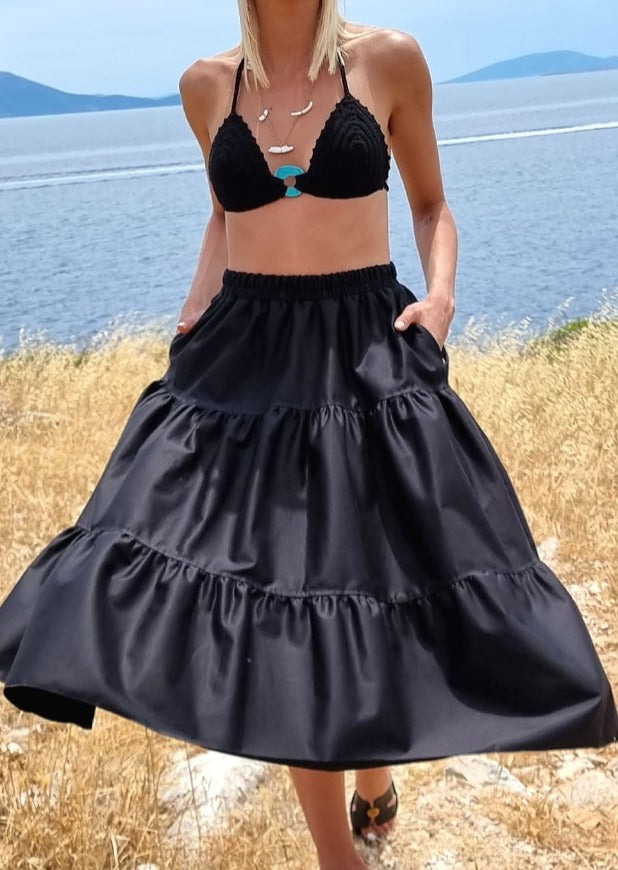 Black "Lora" high waist midi skirt silk-cotton
