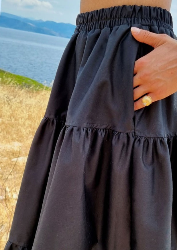 Black "Lora" high waist midi skirt silk-cotton