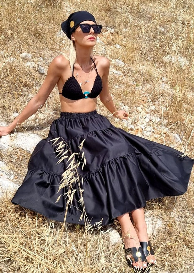 Black "Lora" high waist midi skirt silk-cotton