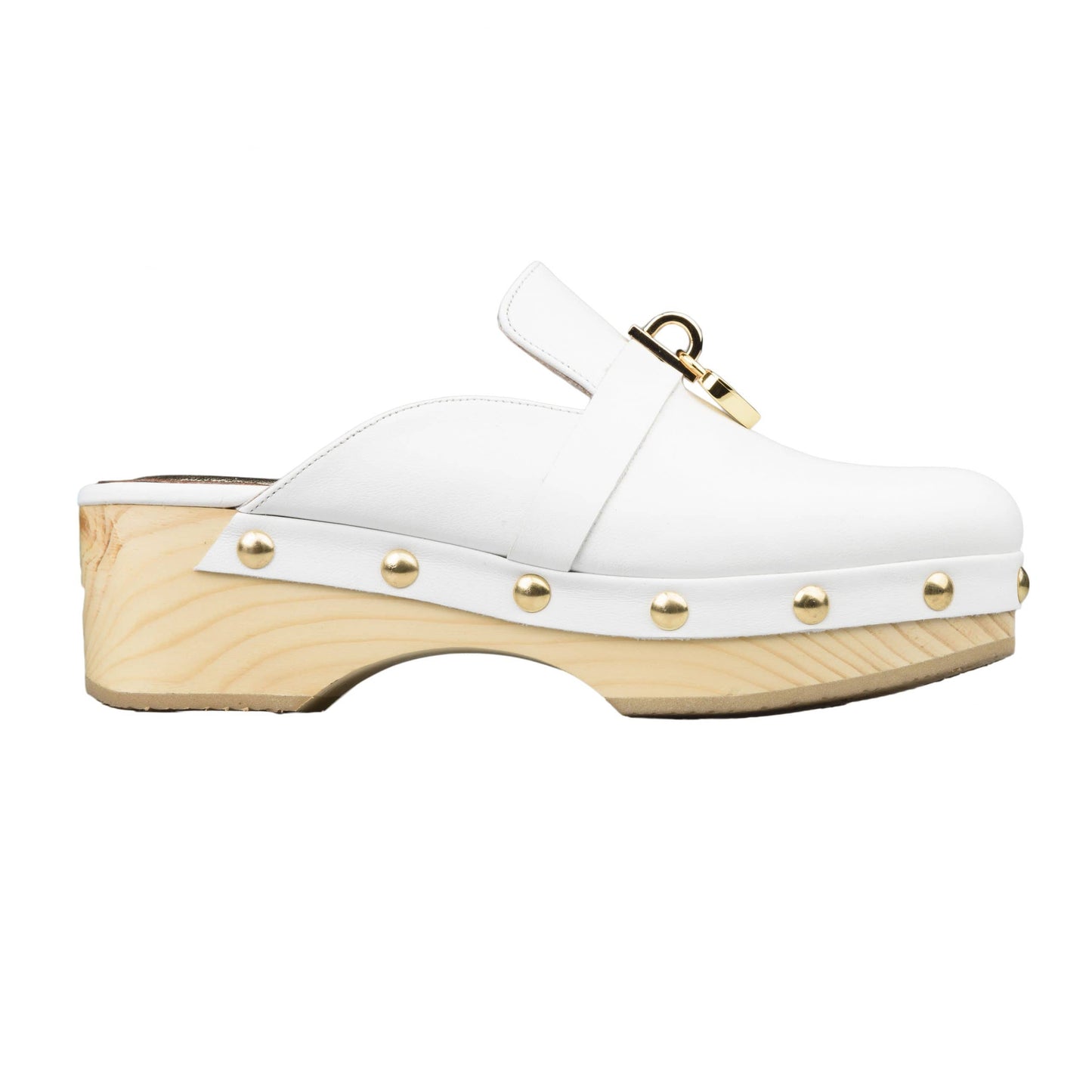 White Classic Leather & Wood Clogs "Alina"