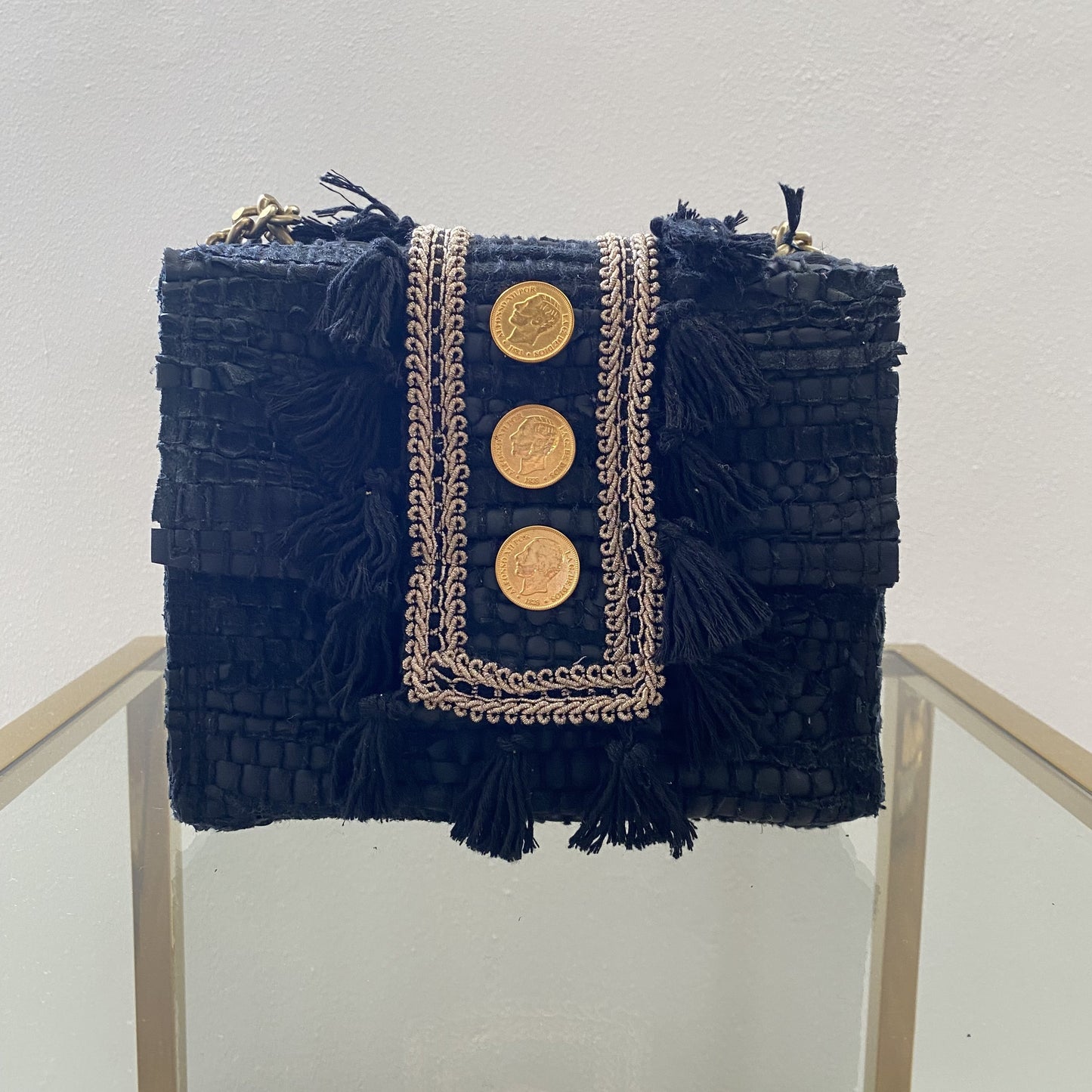 Handmade Traditional Greek Black Leather Kourelou Handbag