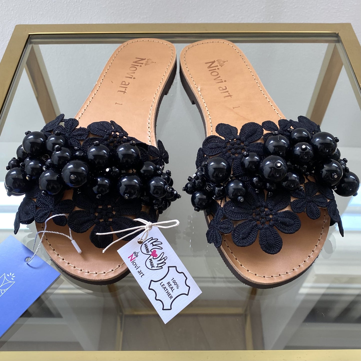 Handmade Floral Leather Sandals w/ Black Dekorative Stones