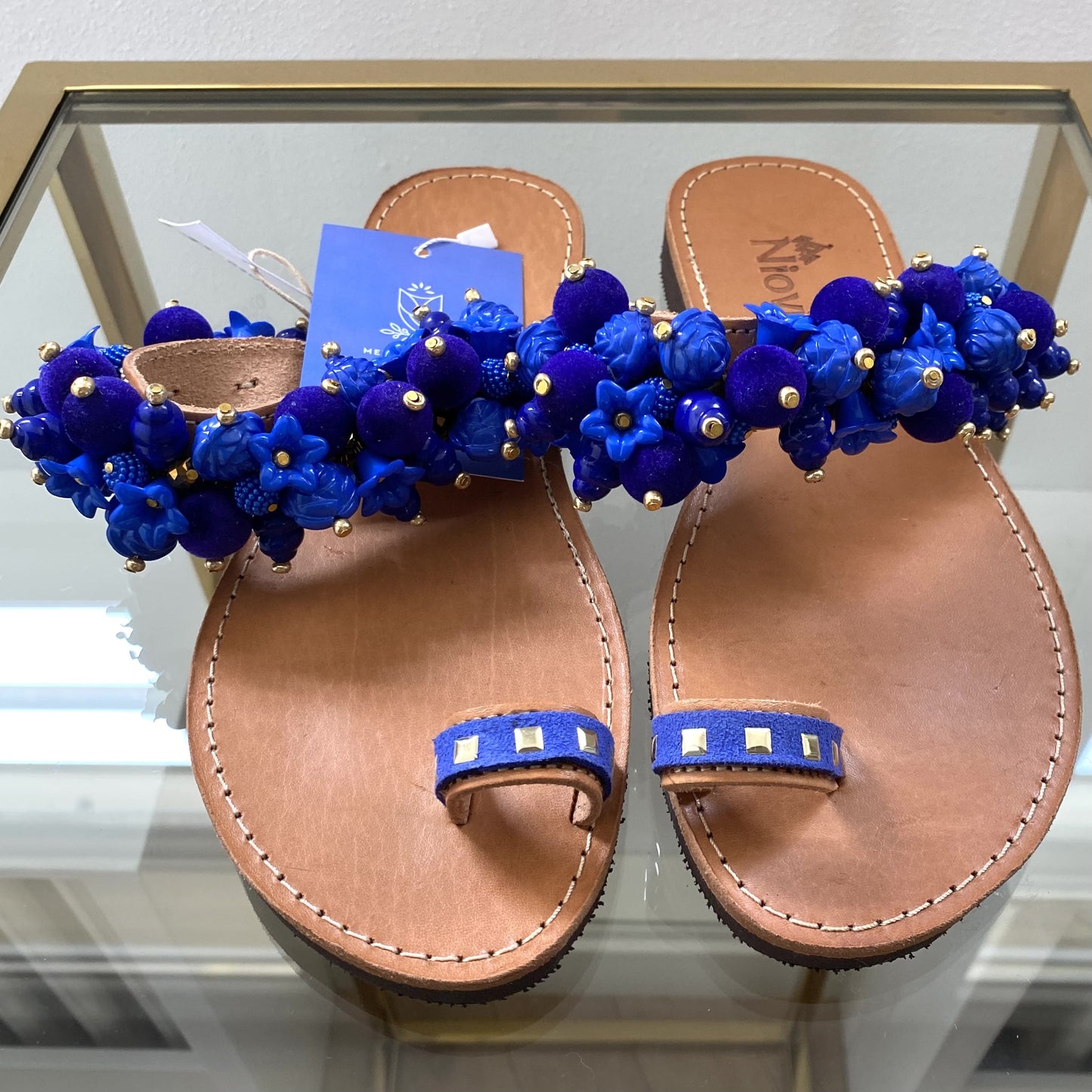 Handmade Deep & Light Blue Leather Sandals w/ Decorative Stones