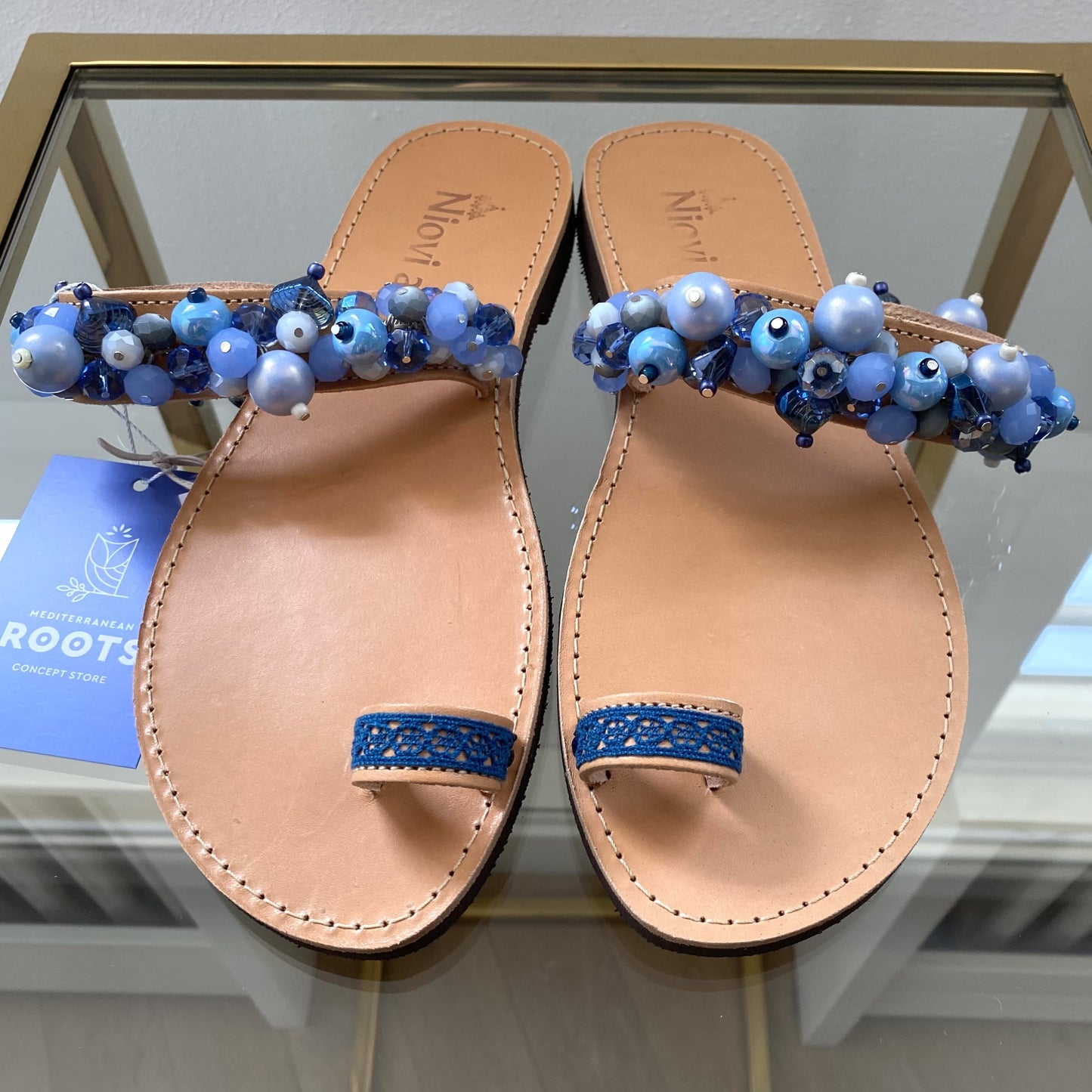 Handmade Deep & Light Blue Leather Sandals w/ Dekorative Stones