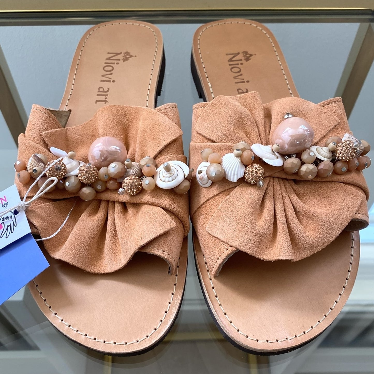 Handmade Beige Leather Sandals w/ Dekorative Stones & Sea Shells