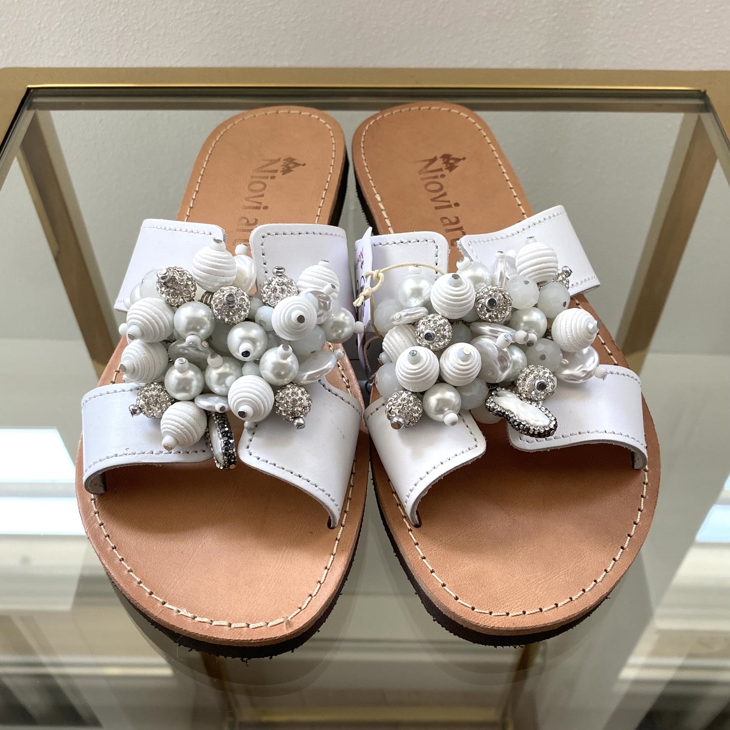 Handmade White Leather Sandals w/ Dekorative Stones
