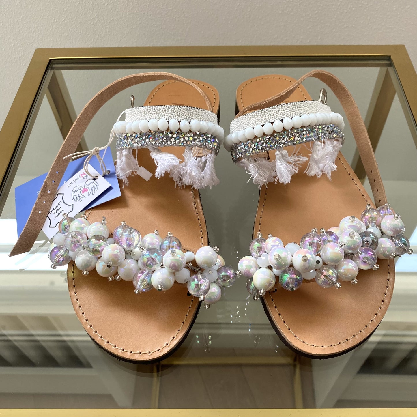 Handmade White Metallic Leather Black Glitter Sandals w/ Dekorative Stones