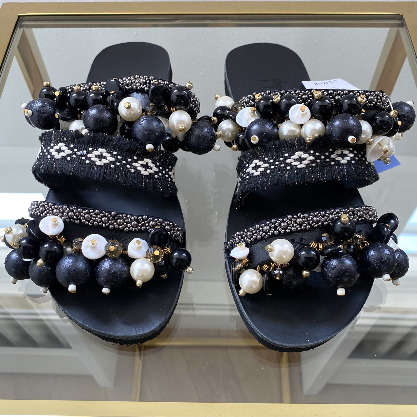 Handmade Black on Black Leather Sandals w/ Dekorative Stones