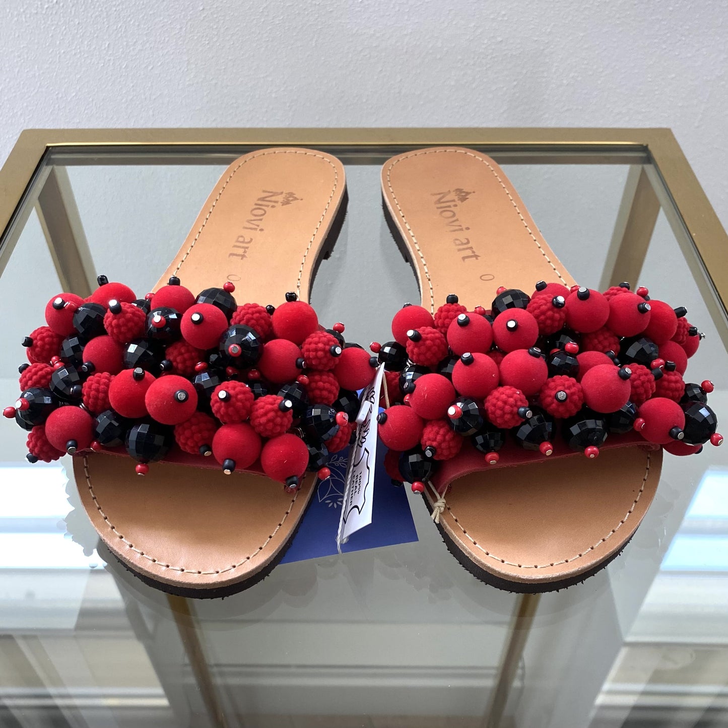 Handmade Red Berry Leather Sandals w/ Dekorative Stones