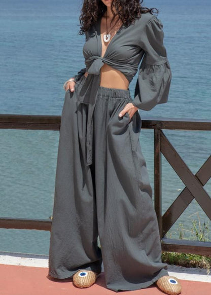 "Hera" One Size Loose Fitting Pants &amp; Bell Sleeve Carmen Collar Top 2-Piece Set